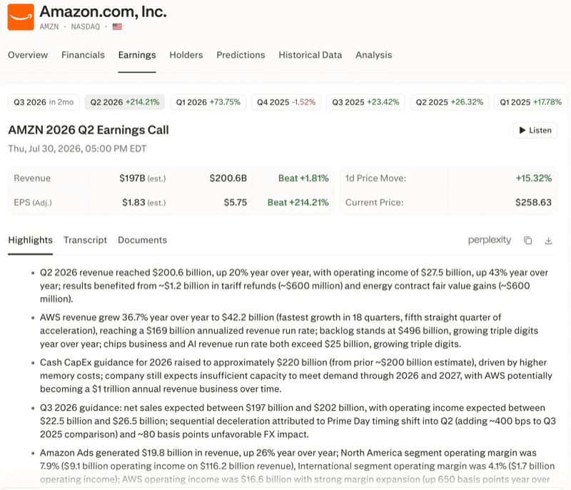 Perplexity Finance earnings page for Amazon